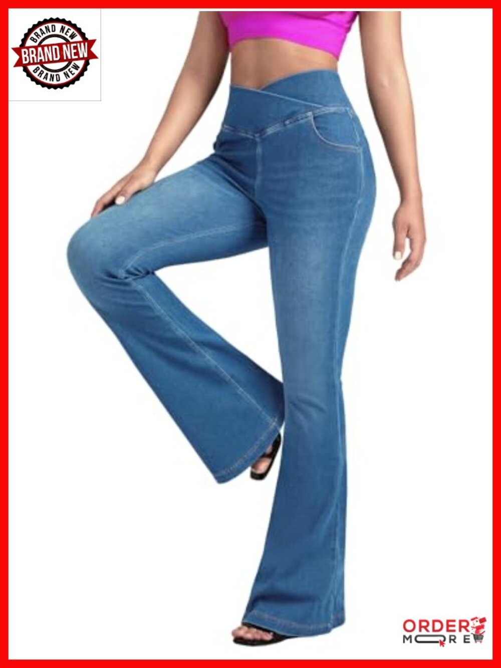 Women's Flare Jeans High Rise Crossover Waist Stretch Knit Denim Bell Bottom